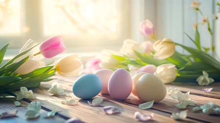 Easter card with pastel colors Easter eggs on wooden table with tulips indoor. free space.の素材