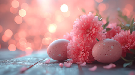 Easter greeting card with painted pastel colors Easter eggs on wood with flowers on blurred background. space for textの素材