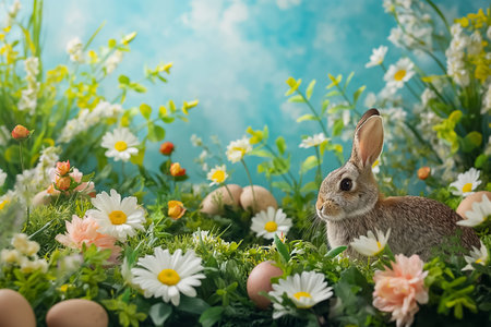 Easter bunny sitting surrounded painted Easter eggs and spring flowers in meadow. space for text.の素材