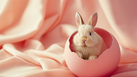 cute Easter rabbit crawling out of eggshell on pink background. Concept of happy easter day. space for text.の素材