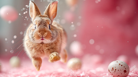 Cute bunny jumping and easter egg on pink background. Concept and idea of happy easter day. space for text,の素材