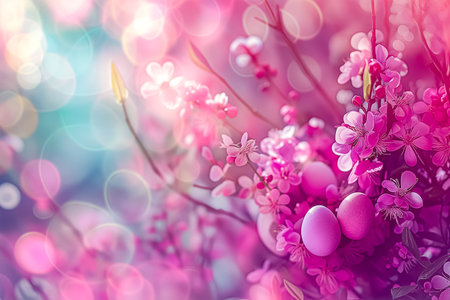 Easter greeting card with painted pastel colors Easter eggs with flowers on blurred background. space for textの素材