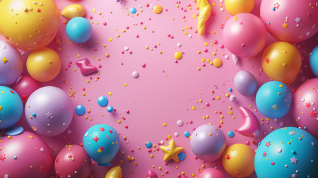 Flatlay composition with accessories for a party or birthday on a colored background with place for text top view.の素材