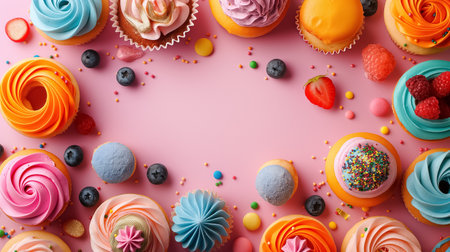 top view of various colorful sweets flat lay on light pink background. birthday or holiday. space for textの素材
