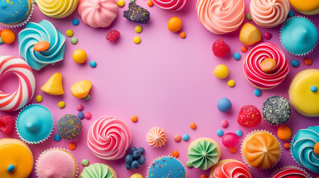 top view of various colorful sweets flat lay on light pink background. birthday or holiday. space for textの素材