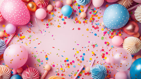 Flatlay composition with accessories for a party or birthday on a colored background with place for text top view.の素材