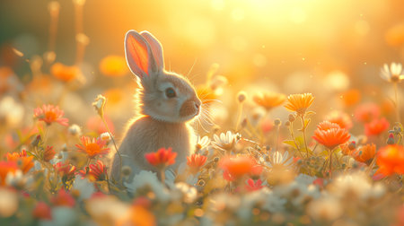 Easter bunny sitting surrounded spring flowers in meadow. space for text.の素材