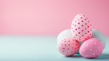 Easter card with pastel colors speckled Easter eggs on soft pink blue background. free space. space for textの素材
