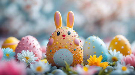 creative Easter egg with bunny ears with flowers on blurred background. Easter card, Easter background, free spaceの素材