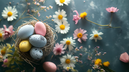 Easter card with pastel colors Easter eggs in nest with flowers on gray blue background. free space,の素材