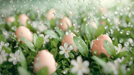 pink pastel colors Easter eggs, green leaves and water drops in meadow. easter banner.の素材