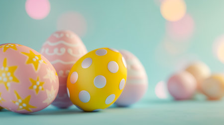 Easter card with pastel colors Easter eggs with speckled on blue background. idea for easter decor.の素材