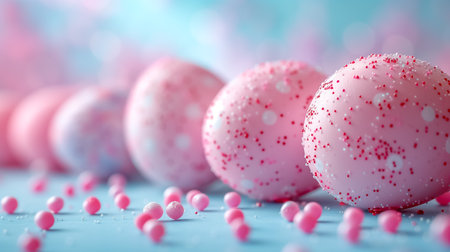Easter card with pastel colors Easter eggs with speckled on blue background. idea for easter decor.の素材