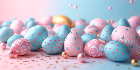 Easter card with pastel colors Easter eggs with speckled on blue background. idea for easter decor.の素材
