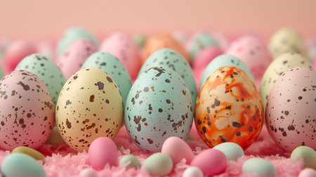 Easter card with pastel colors Easter eggs with speckled on pink background. idea for easter decor.の素材