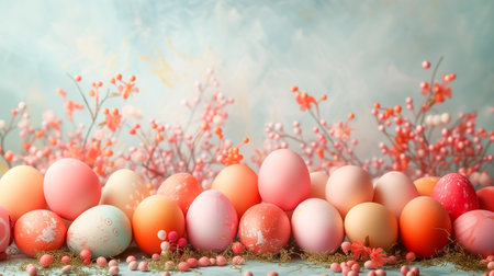 Easter card with pastel colors Easter eggs with speckled on blue background. idea for easter decor.の素材