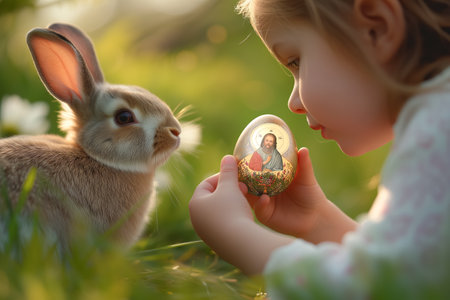 Cute child with little bunny holding easter eggs with picture Jesus in blooming meadow. egg hunting.の素材