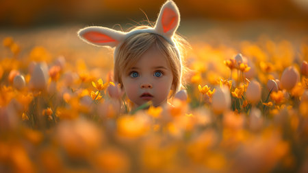 cute little child with bunny ears in blooming meadow, Easter holiday card with space for text.の素材