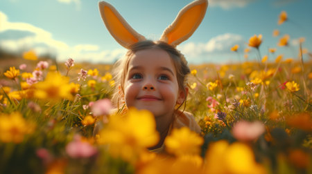 cute little child with bunny ears in blooming meadow, Easter holiday card with space for text.の素材