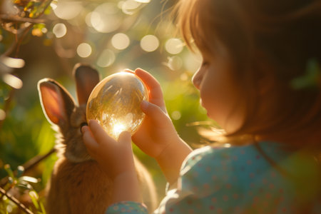 Cute child with little bunny holding easter eggs with picture Jesus in blooming meadow. egg hunting.の素材