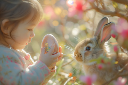 Cute child with little bunny holding easter eggs with picture Jesus in blooming meadow. egg hunting.の素材