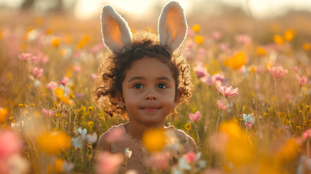 cute little African American child with bunny ears in blooming meadow, Easter holiday card with space for text.の素材