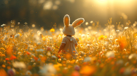 back view of cute little child with bunny ears in blooming meadow, Easter holiday card with space for textの素材