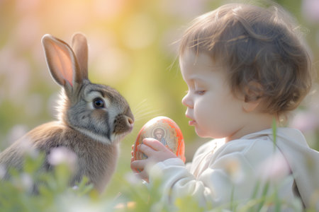 Cute child with little bunny holding easter eggs with picture Jesus in blooming meadow. egg hunting.の素材