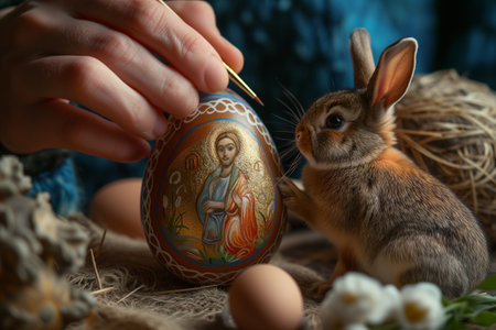 rabbit looking how an artist hand painted Easter egg souvenir with Religious illustration.の素材