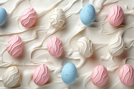 Easter card with pastel colors creative decorated Easter eggs on pastel background. idea for easter decor. top viewの素材
