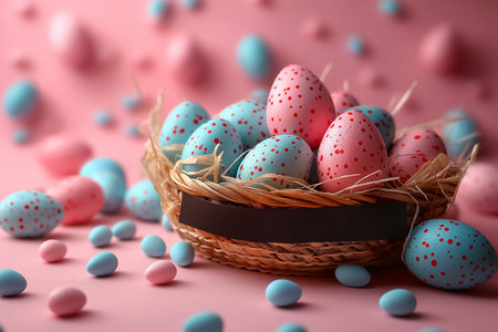 Easter card with pastel colors Easter eggs with speckled in wicker basket on pink background. idea for easter decorの素材