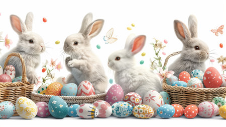 watercolor illustration pf Easter rabbit with colorful eggs in the basket on white background.の素材