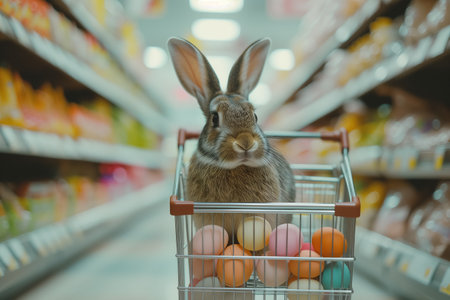 Easter bunny standing with shopping cart of Easter eggs in supermarket.の素材
