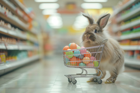 Easter bunny standing with shopping cart of Easter eggs in supermarket.の素材