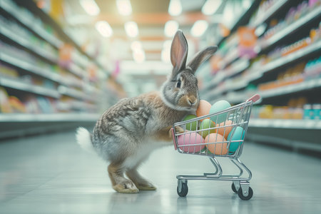 Easter bunny standing with shopping cart of Easter eggs in supermarket.の素材