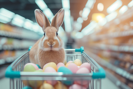 Easter bunny standing with shopping cart of Easter eggs in supermarket.の素材