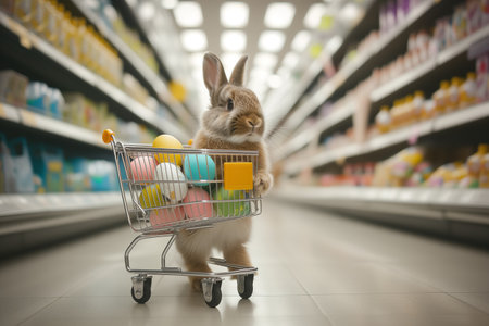 Easter bunny standing with shopping cart of Easter eggs in supermarket.の素材