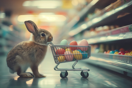 Easter bunny standing with shopping cart of Easter eggs in supermarket.の素材