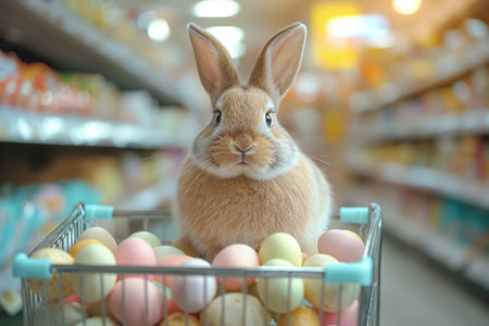 Easter bunny standing with shopping cart of Easter eggs in supermarket.の素材