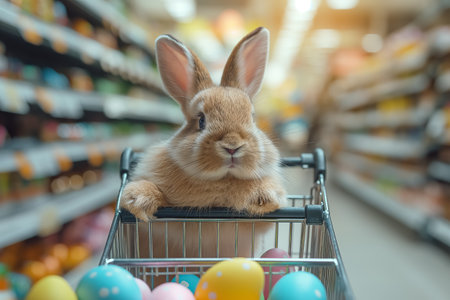 Easter bunny standing with shopping cart of Easter eggs in supermarket.の素材