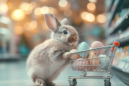 Easter bunny standing with shopping cart of Easter eggs in supermarket.の素材