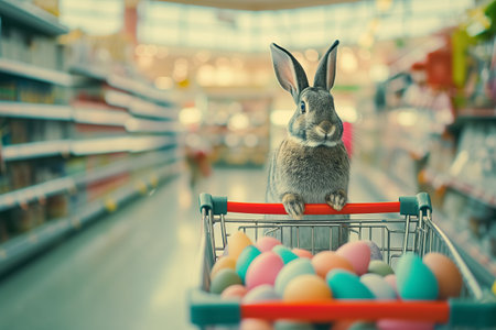 Easter bunny standing with shopping cart of Easter eggs in supermarket.の素材