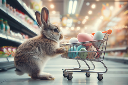 Easter bunny standing with shopping cart of Easter eggs in supermarket.の素材