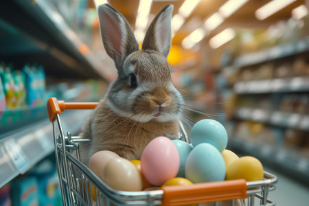 Easter bunny standing with shopping cart of Easter eggs in supermarket.の素材