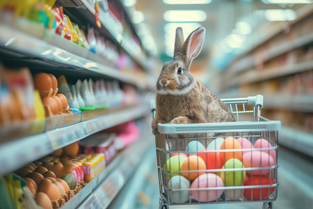 Easter bunny standing with shopping cart of Easter eggs in supermarket.の素材