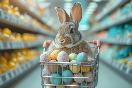 Easter bunny standing with shopping cart of Easter eggs in supermarket.の素材