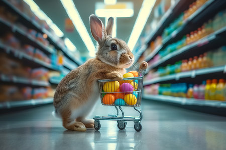Easter bunny standing with shopping cart of Easter eggs in supermarket.の素材