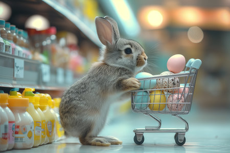 Easter bunny standing with shopping cart of Easter eggs in supermarket.の素材