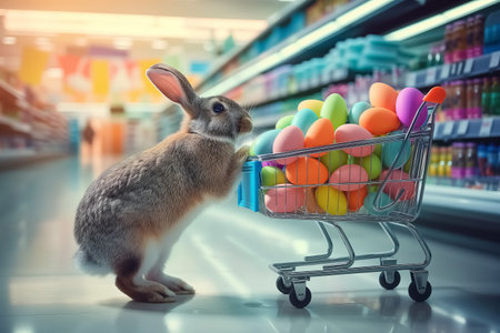 Easter bunny standing with shopping cart of Easter eggs in supermarket.の素材