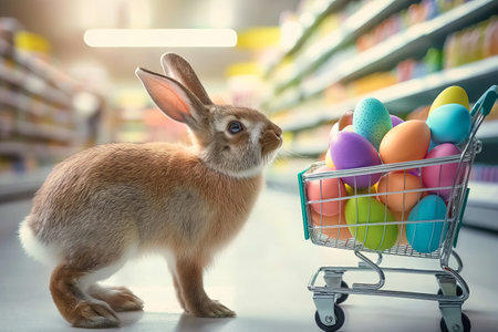 Easter bunny standing with shopping cart of Easter eggs in supermarket.の素材
